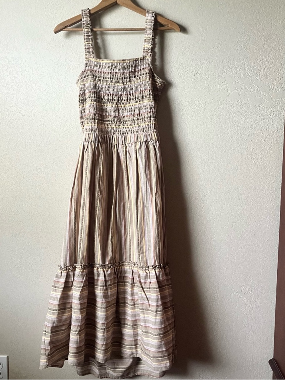 Striped Smocked Maxi Dress in Beige Blush & Cream